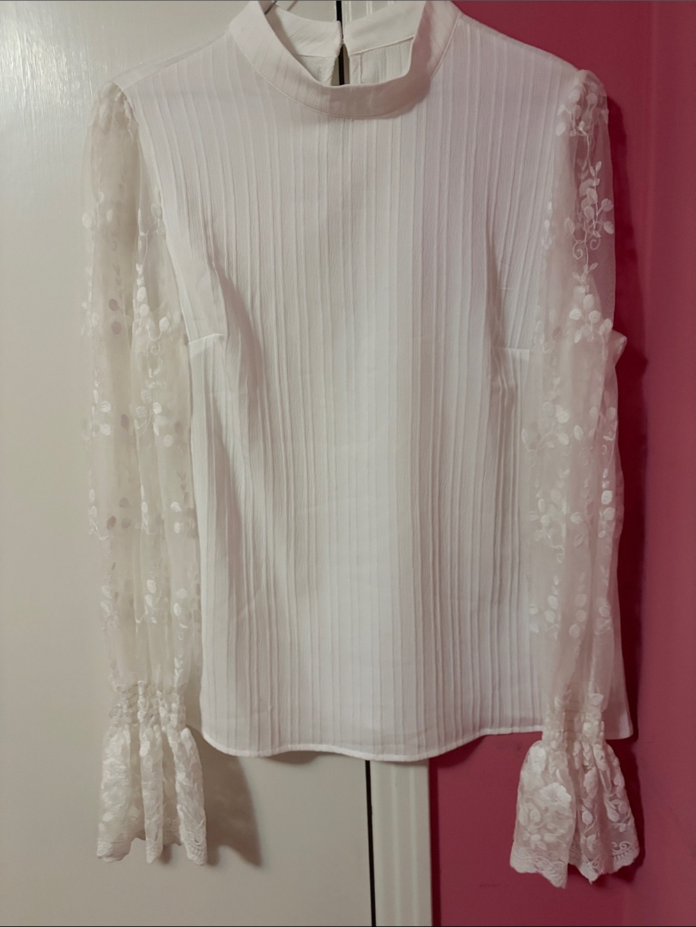 Sheer Lace Sleeve Mock Neck Blouse - White